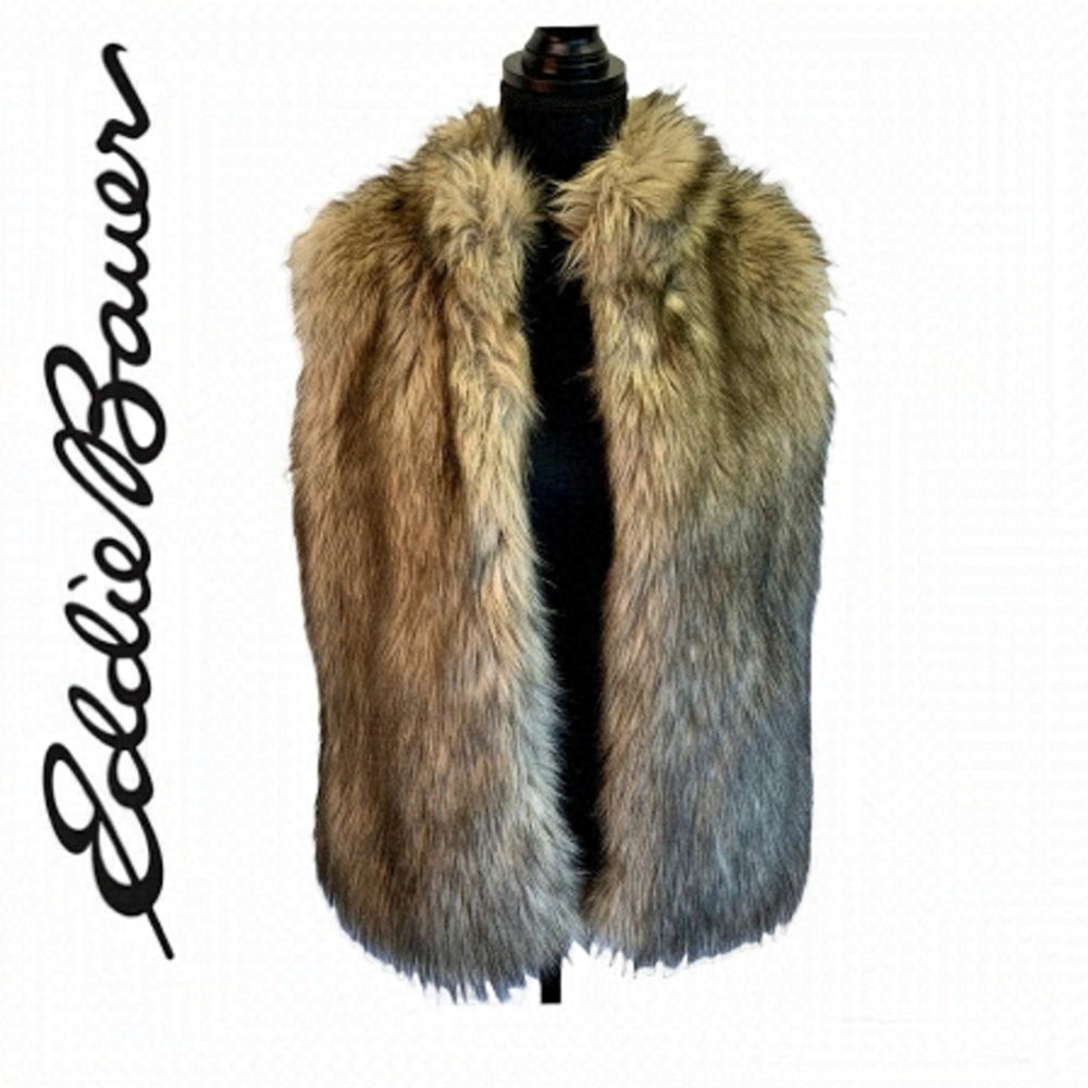 Eddie Bauer faux fur vegan brown tan hook closure fall winter vest size Medium